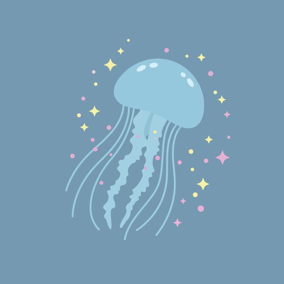 Jellyfish underwater creature with glowing stars and pastel colors illustration in square format vector