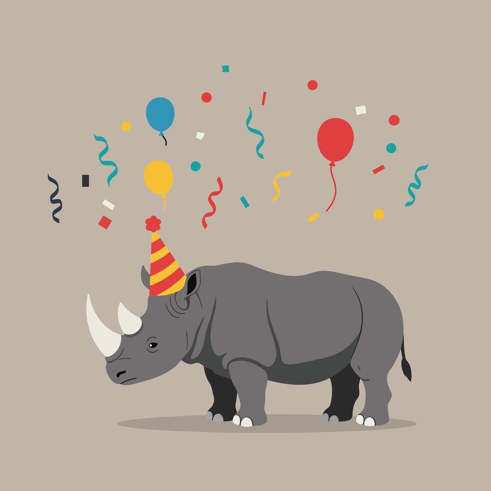 Rhinoceros wearing party hat with colorful balloons and confetti festive celebration illustration vector