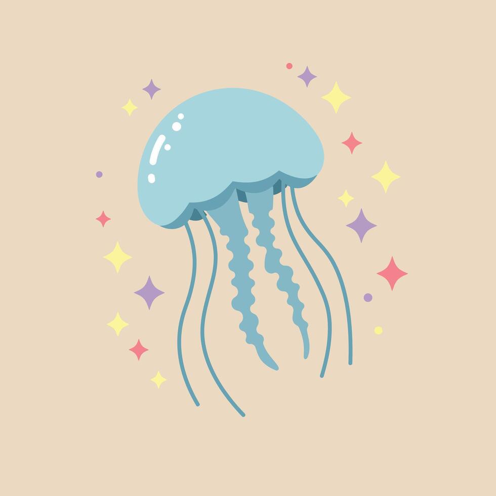 Blue jellyfish illustration with colorful star shapes on beige background art for ocean life design vector
