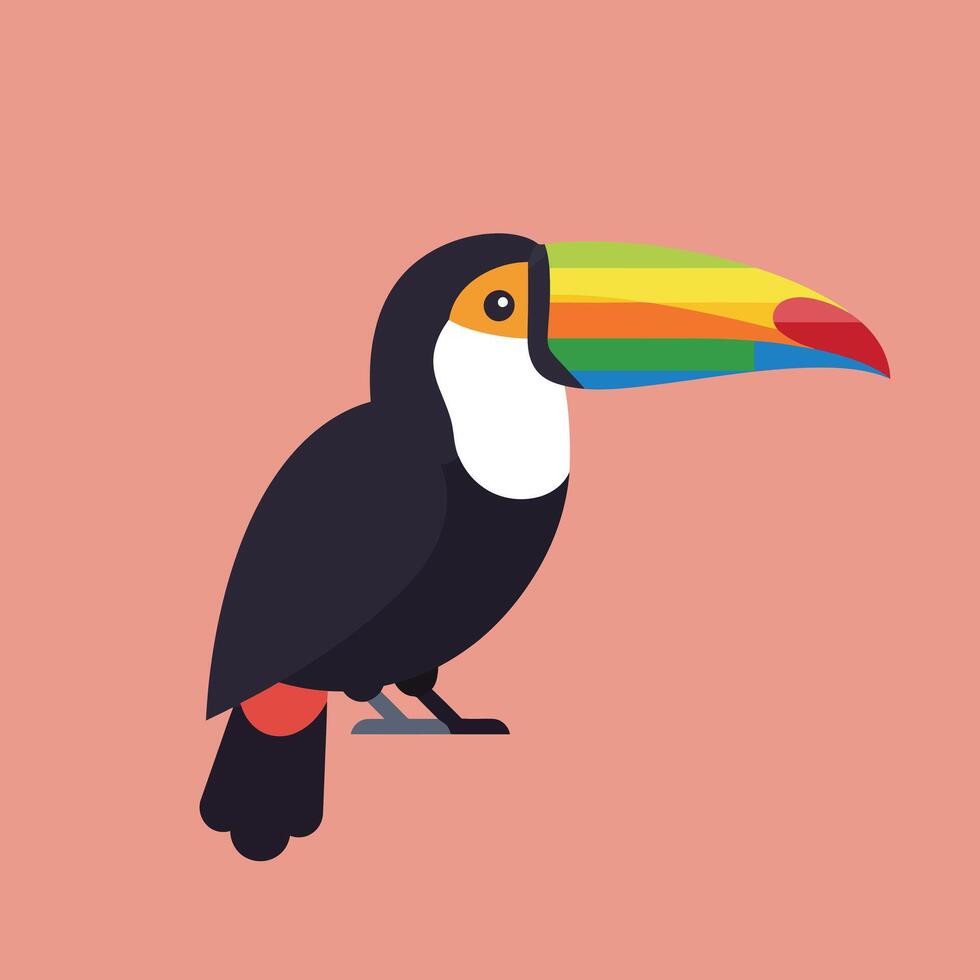 Toucan bird with colorful rainbow beak perched on branch flat illustration design vector