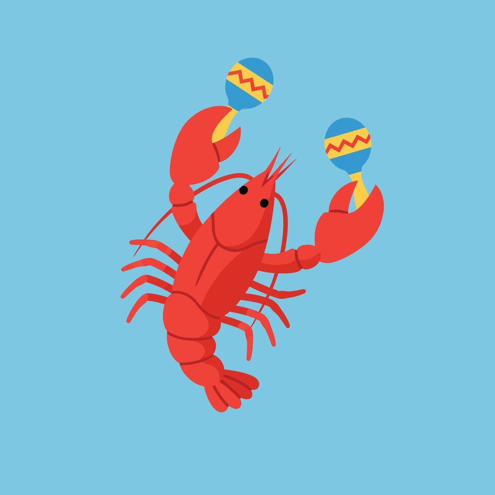 Red Lobster Holding Maracas Illustration on Blue Background Art Graphic Design vector