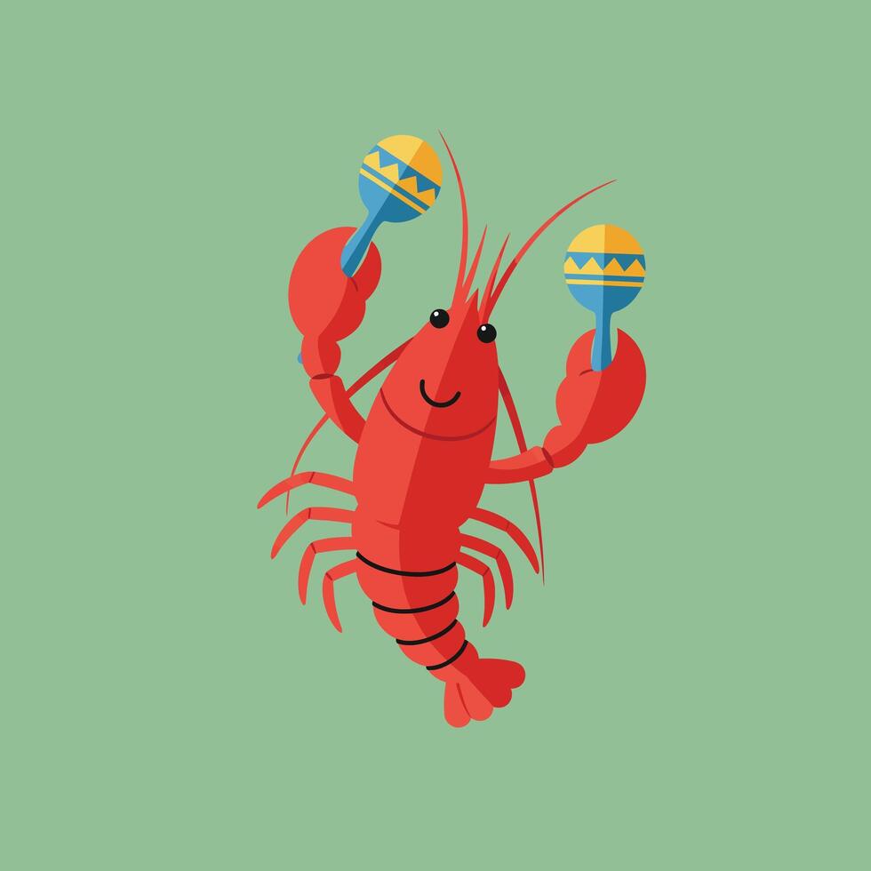 Red Lobster Playing Maracas Cartoon Illustration on Green Background Artwork vector