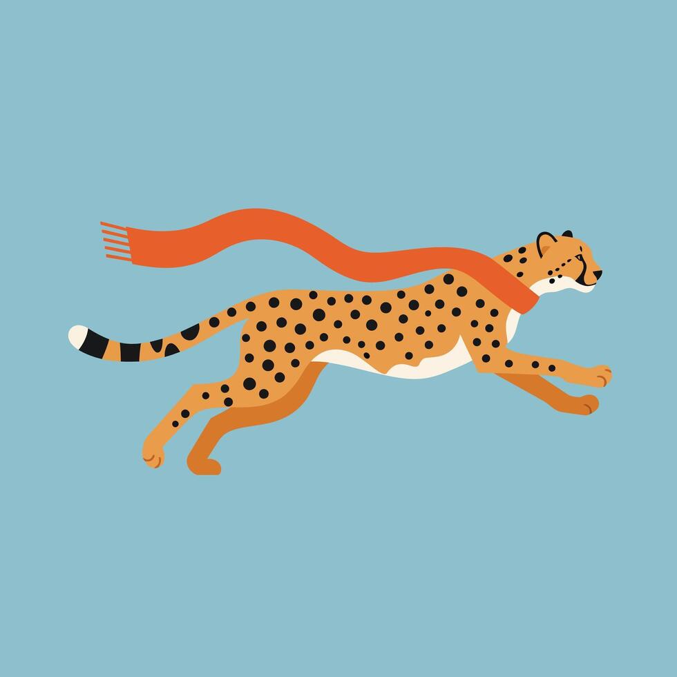 Cheetah running with orange scarf illustration on blue background in flat design style vector