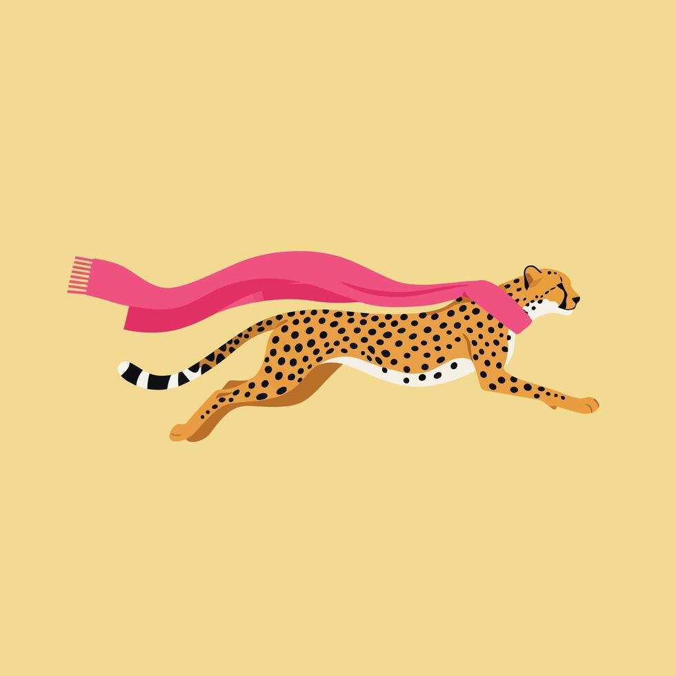 Cheetah running fast with pink scarf on beige background illustration dynamic animal motion vector
