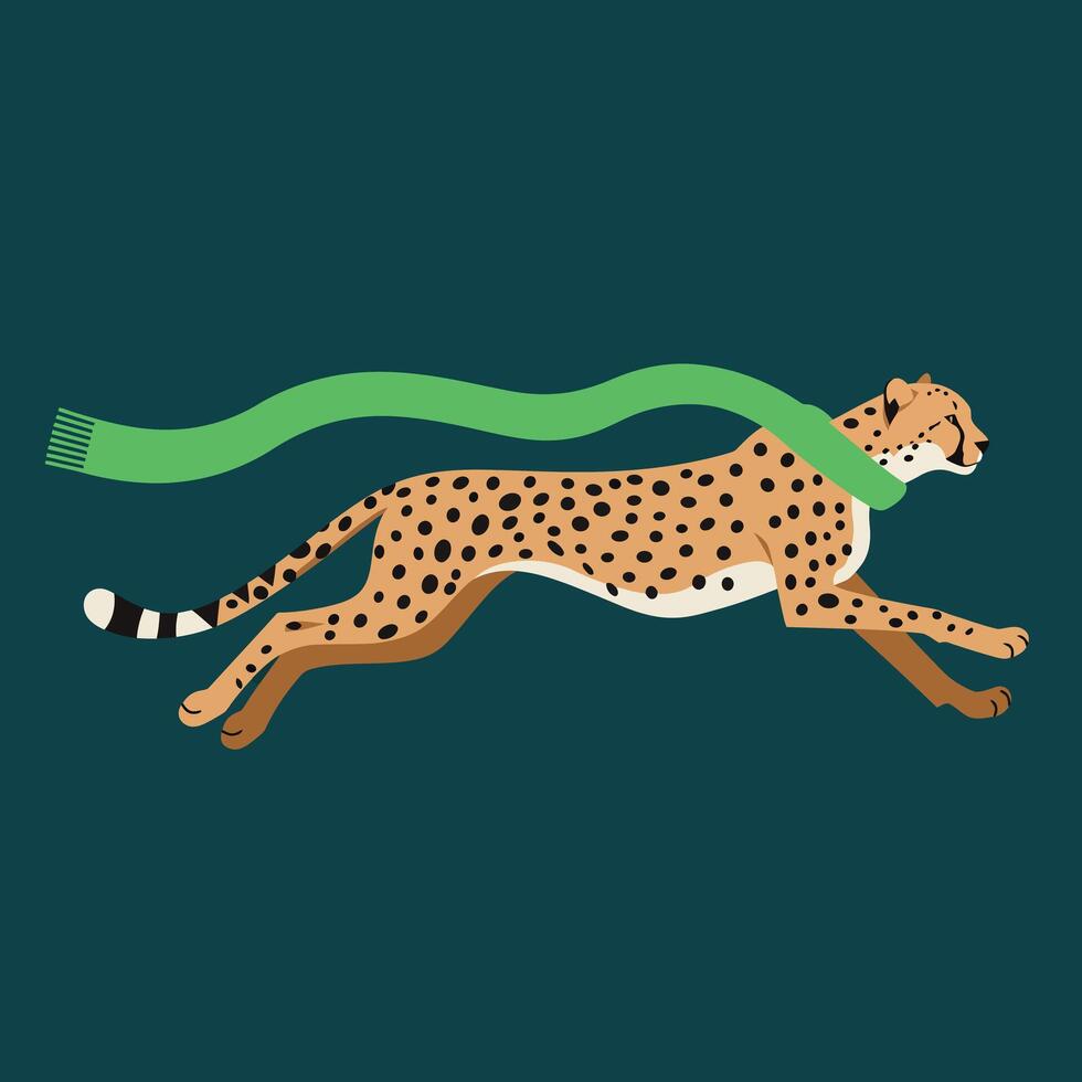 Cheetah running with green scarf illustration on dark teal background in dynamic motion style vector
