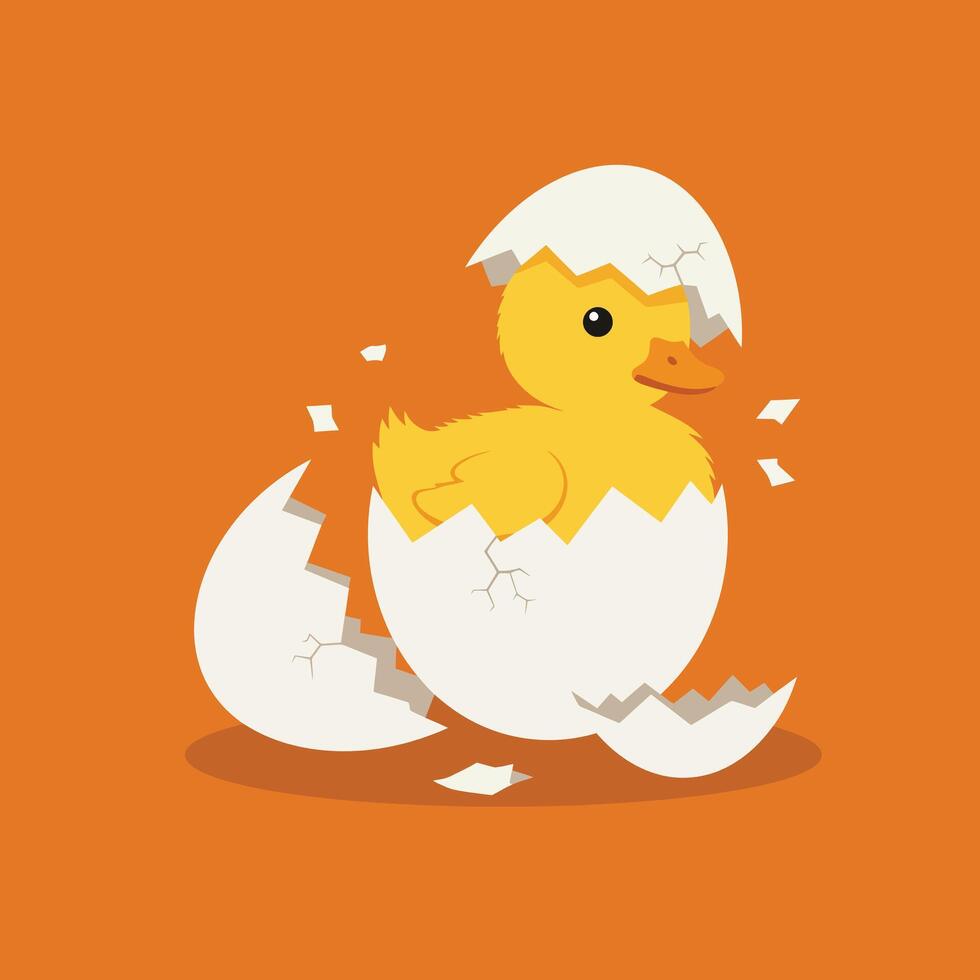 Cute yellow duckling hatching from white eggshell on orange background illustration vector