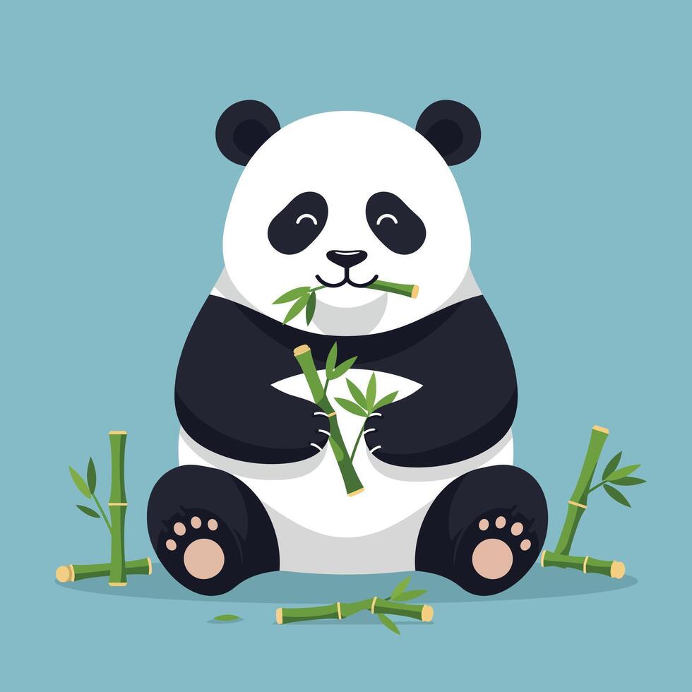 Cute panda bear eating bamboo sticks with happy expression on blue background illustration vector