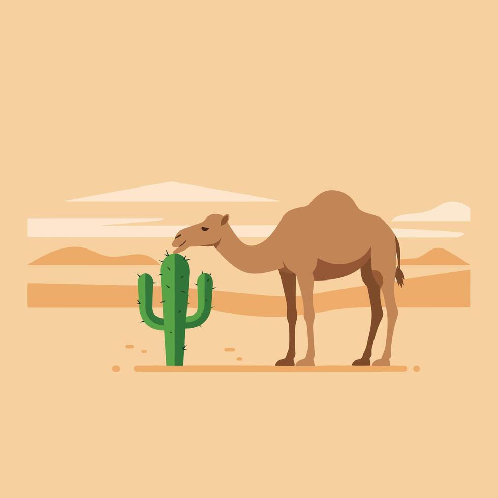 Camel standing next to green cactus in desert landscape with sand dunes and soft light illustration vector