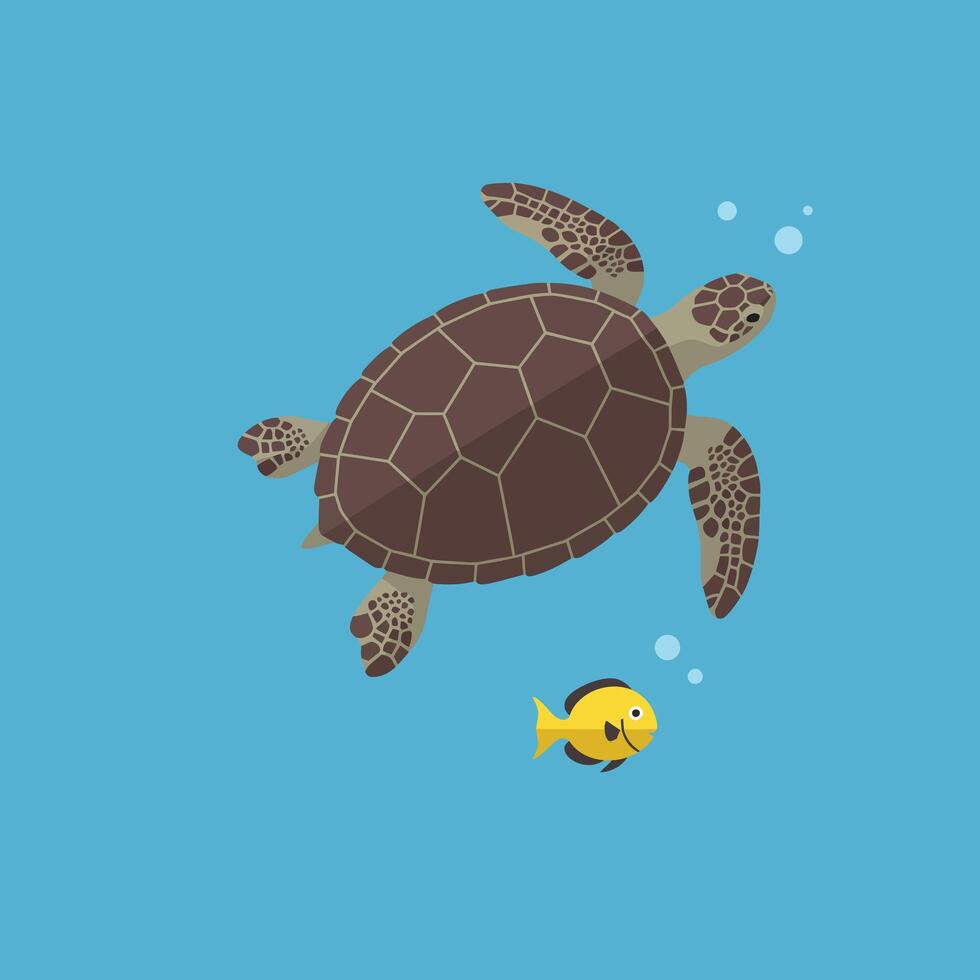 Sea turtle swimming underwater with small yellow fish in blue ocean background illustration vector