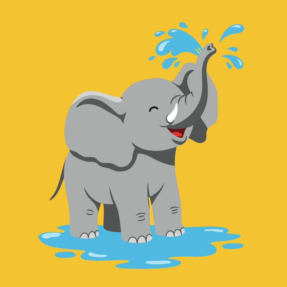 Cute cartoon elephant spraying water with trunk on yellow background illustration vector