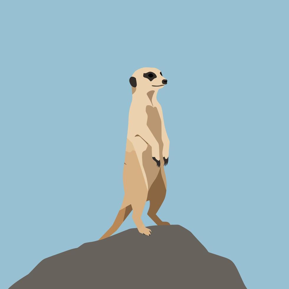 Meerkat standing on rock against clear blue sky in minimalistic illustration design vector