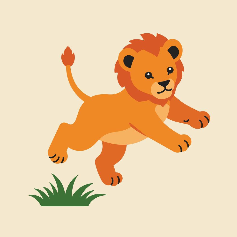Cute playful lion cub jumping over grass in simple cartoon style illustration vector