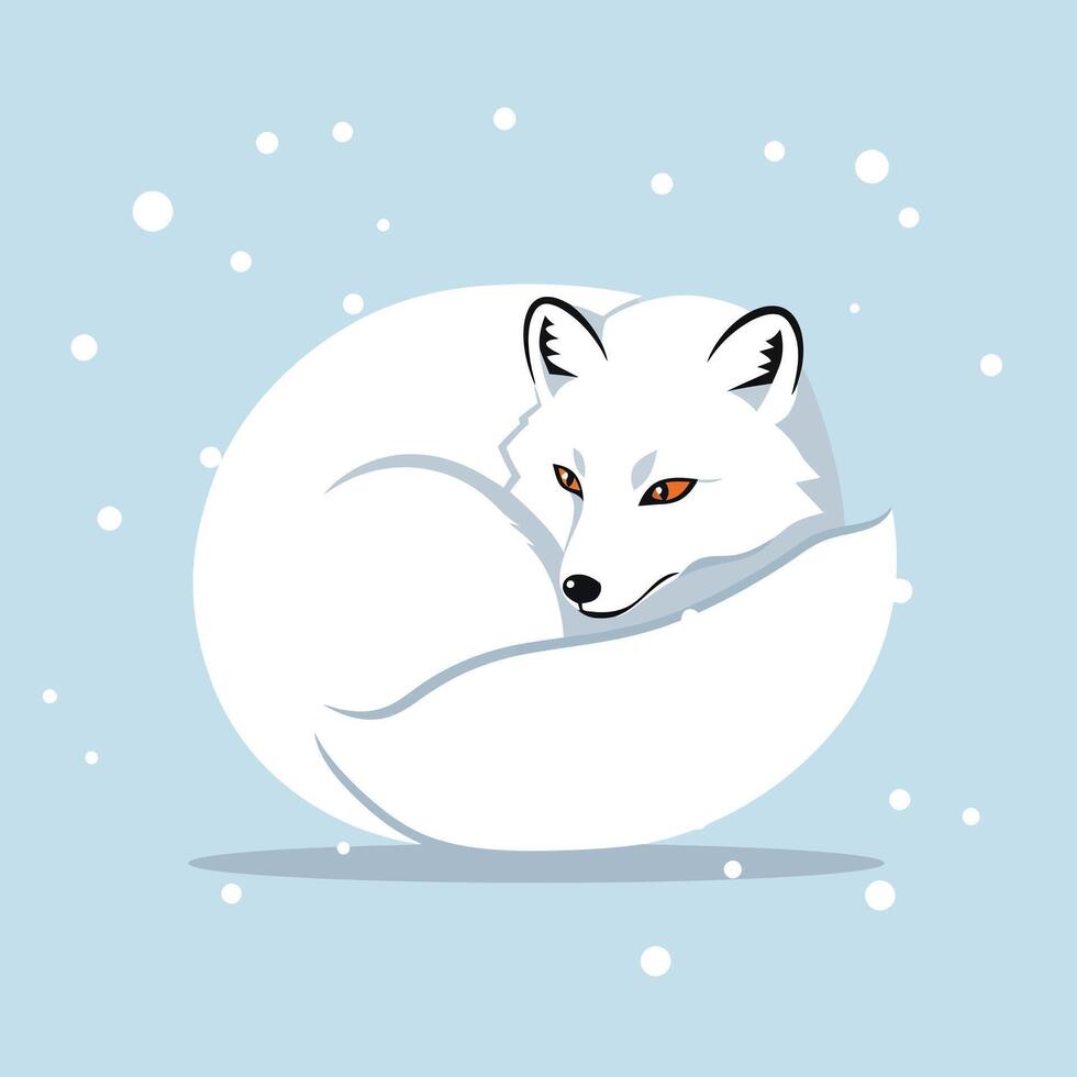 Arctic fox curled up in snowy winter scene with soft blue background and falling snow illustration vector