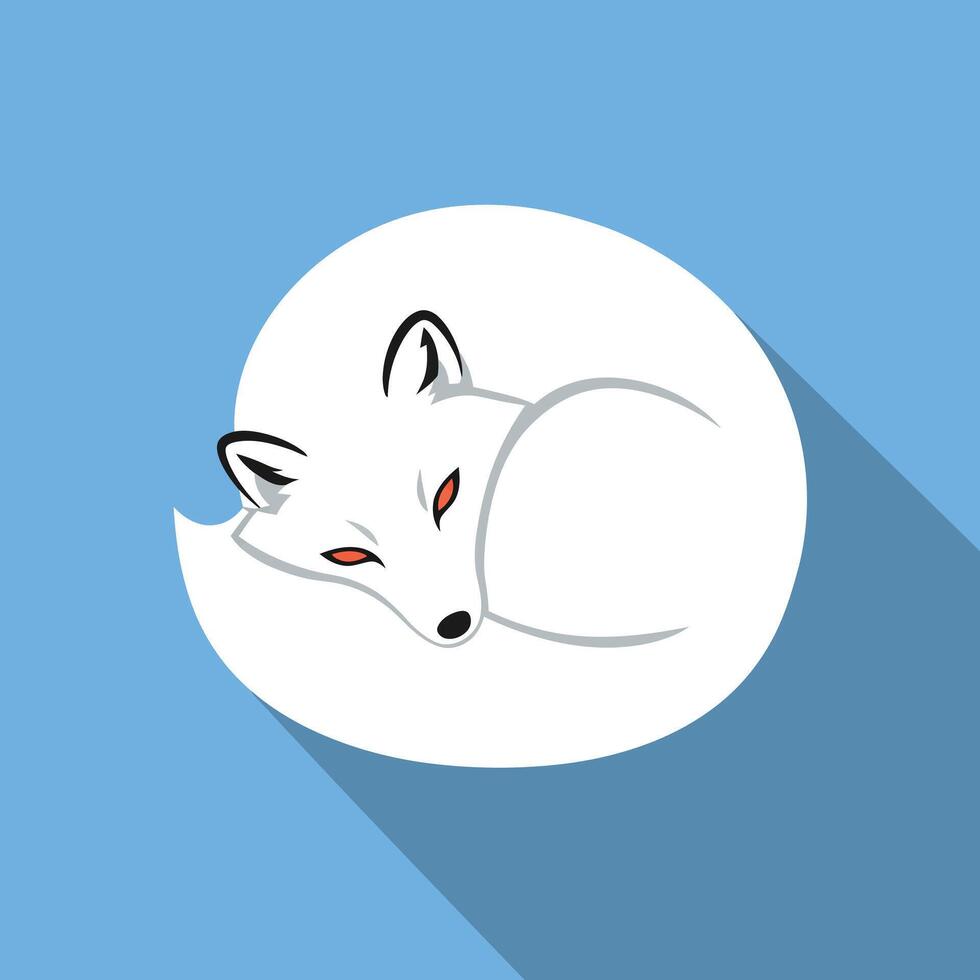 White fox curled up resting on blue background in minimalist illustration with flat shadow design vector