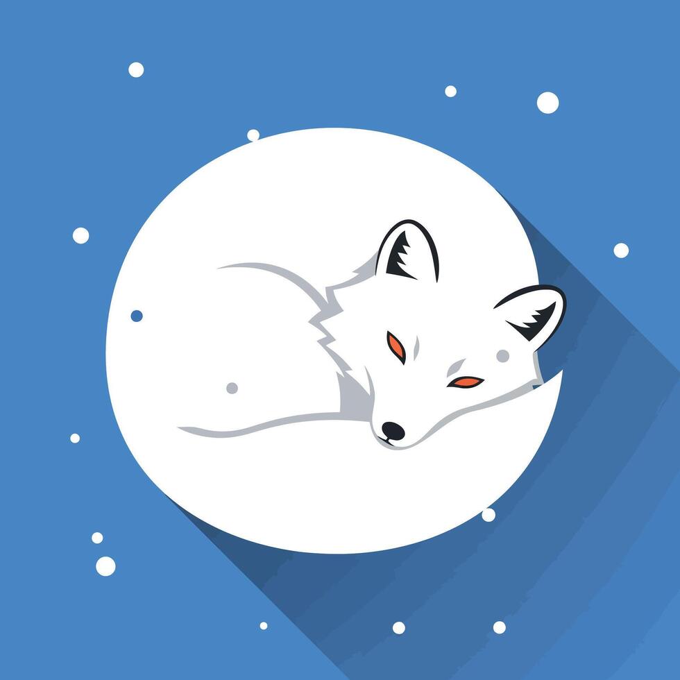 Arctic fox curled up sleeping on snowy winter background with blue sky and falling snowflakes illustration vector