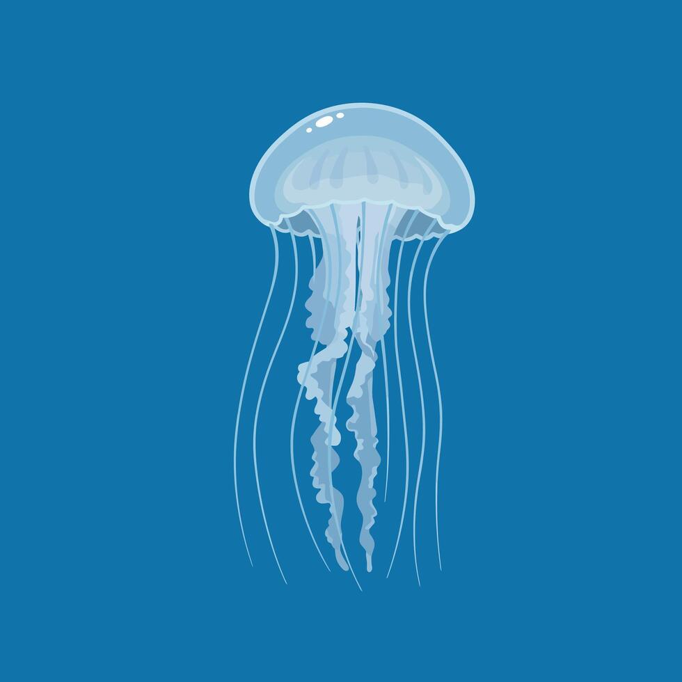 Jellyfish illustration with transparent body and long tentacles on blue background in format vector