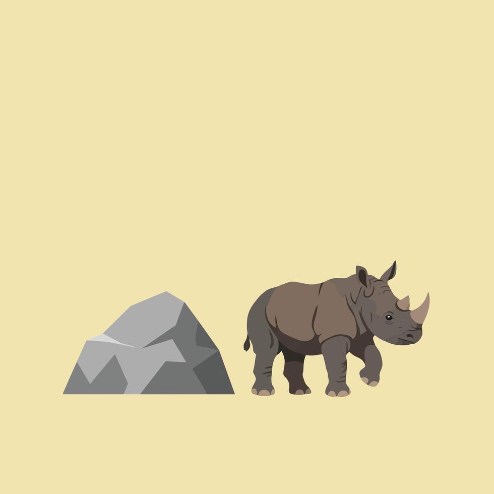 Rhinoceros standing next to grey rock minimalistic illustration on beige background for wildlife design and nature themes vector