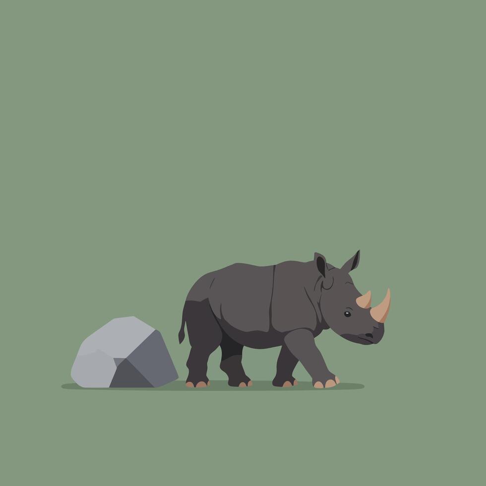 Rhinoceros illustration with rock on green background in flat style for wildlife and nature themes vector