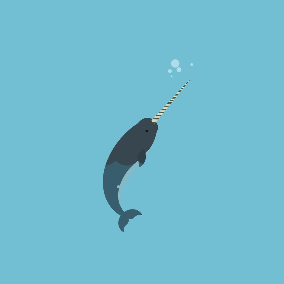 Narwhal swimming underwater with bubbles in blue ocean minimal illustration calm aquatic animal vector