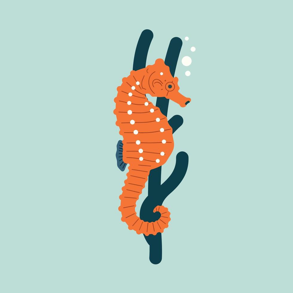 Orange seahorse clinging to dark seaweed illustration design on light blue background vector