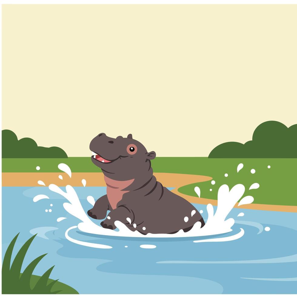 Hippopotamus splashing water in river with green plants and bushes on sunny day illustration vector