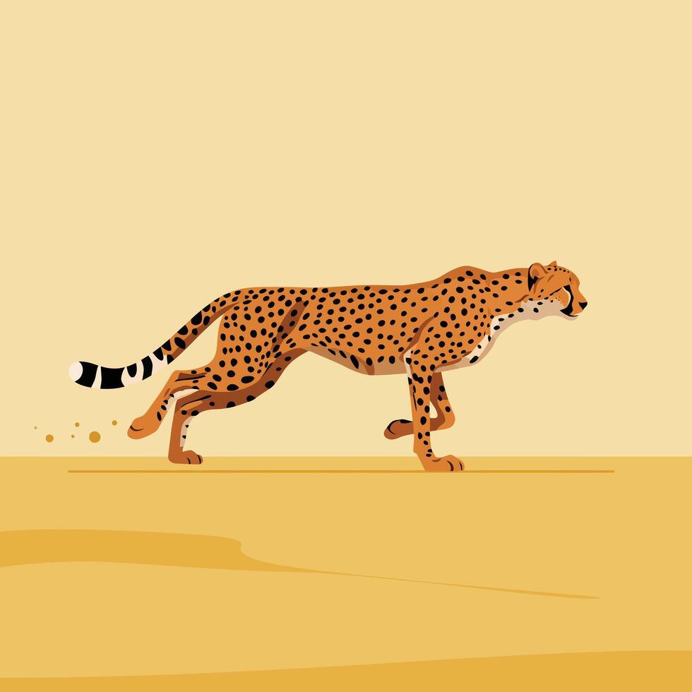 Cheetah running fast in dry desert landscape illustration with warm beige background and natural tones vector