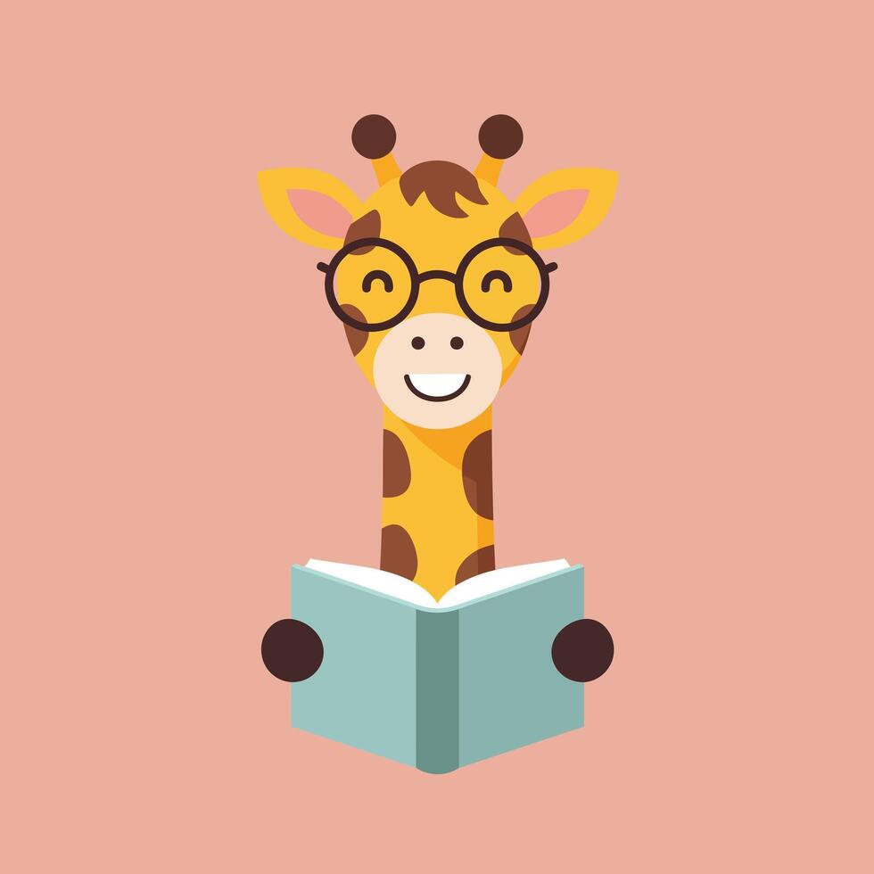 Cute giraffe with glasses reading a book illustration in flat style on peach background vector