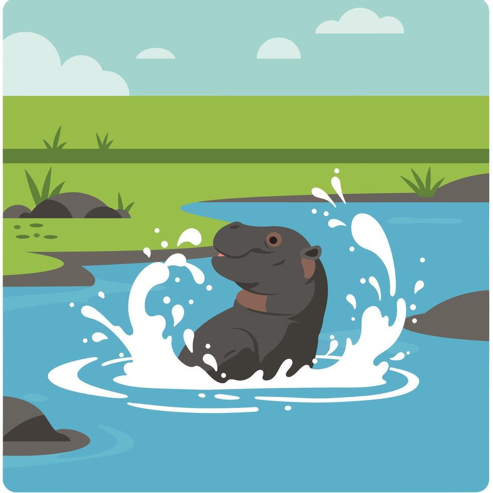 Hippopotamus splashing water in river surrounded by green grass and rocks during daytime illustration vector