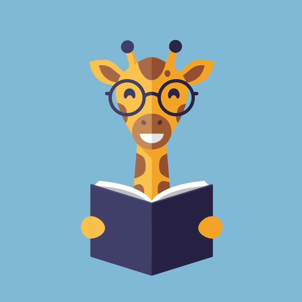 Giraffe wearing glasses reading book on blue background flat illustration for education and learning concept vector