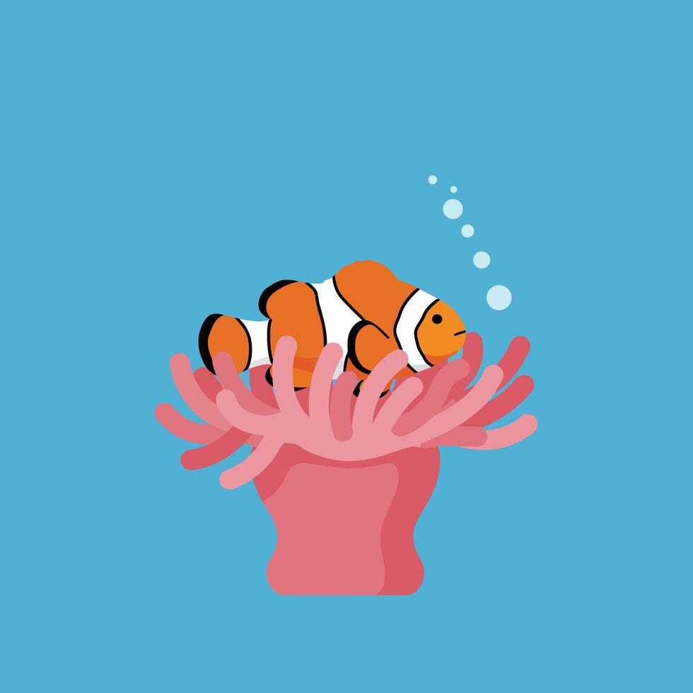 Clownfish swimming near pink sea anemone underwater with blue sea background illustration vector