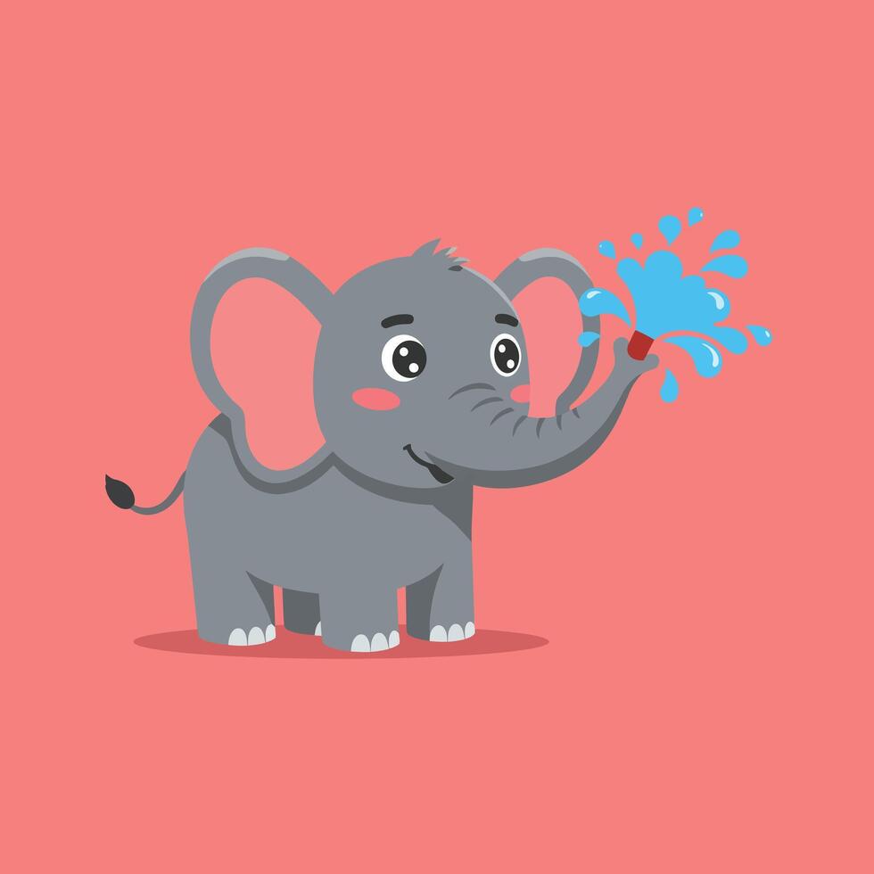 Cute baby elephant playing with water splash on pink background in cartoon style illustration vector