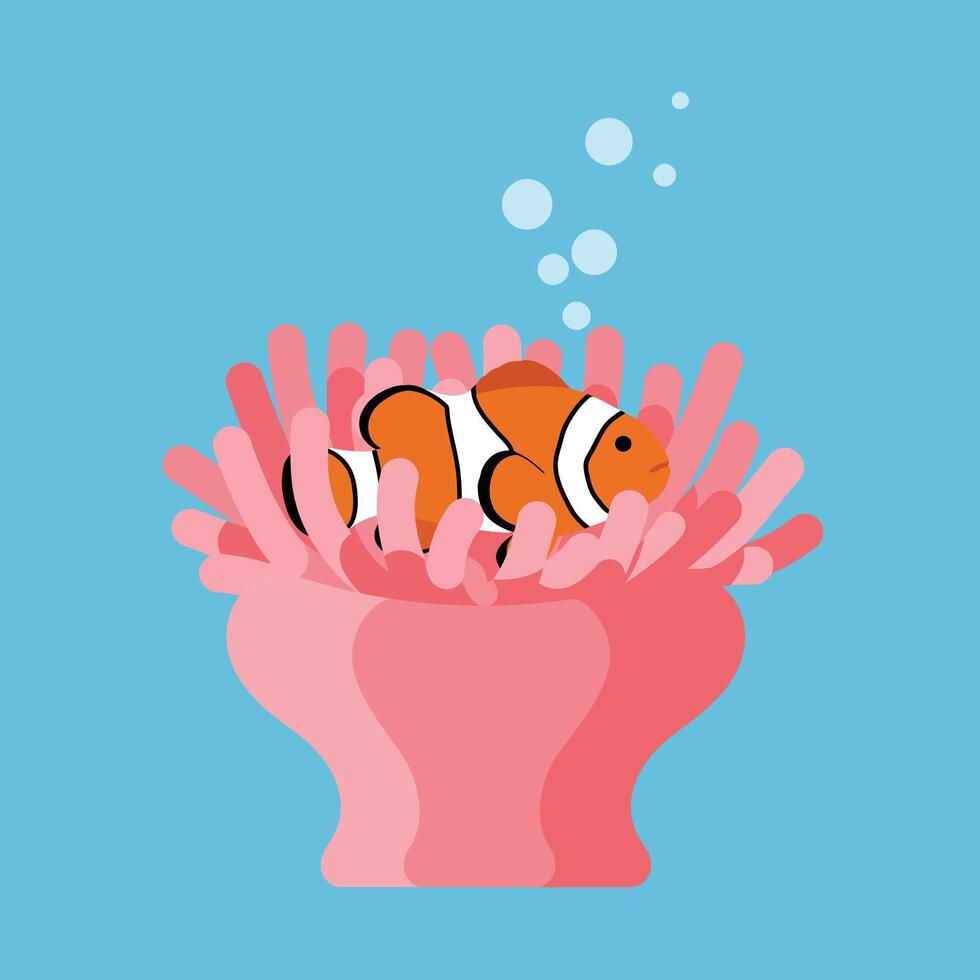 Clownfish nestled in pink sea anemone underwater with blue background illustration vector