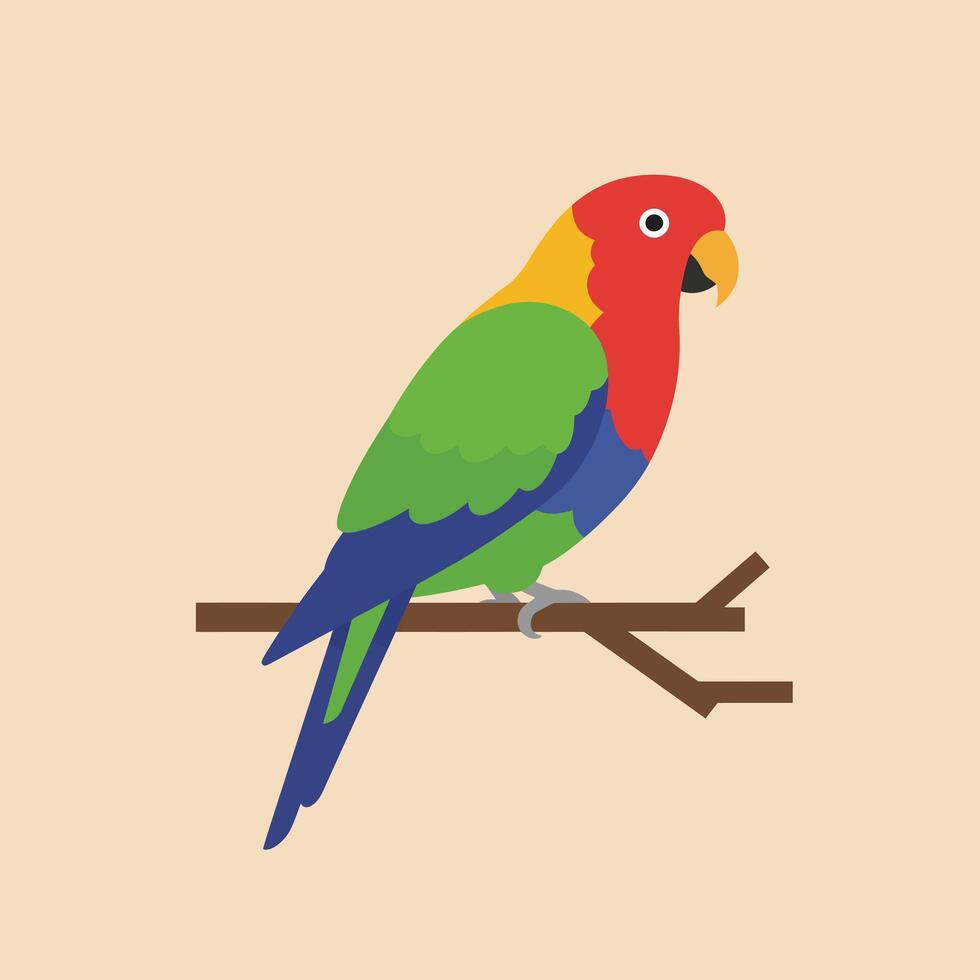 Colorful parrot sitting on tree branch illustration with green red blue feathers and yellow beak vector