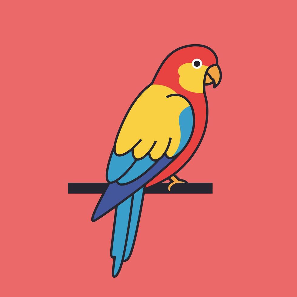 Colorful parrot perched on branch with red background simple flat style illustration vector