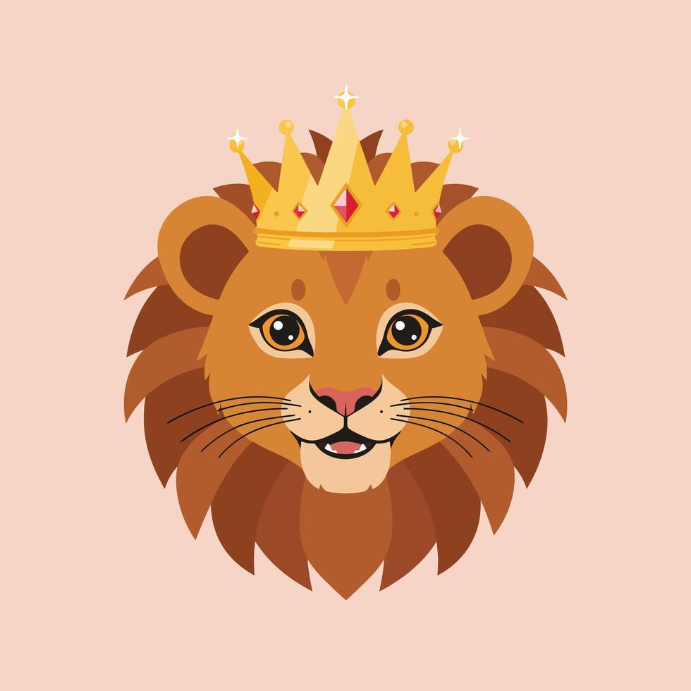 Lion face with golden crown illustration for royal and leadership symbolism in wildlife art design vector