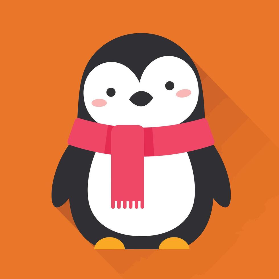 Cute penguin wearing red scarf flat design with orange background and long shadow illustration vector