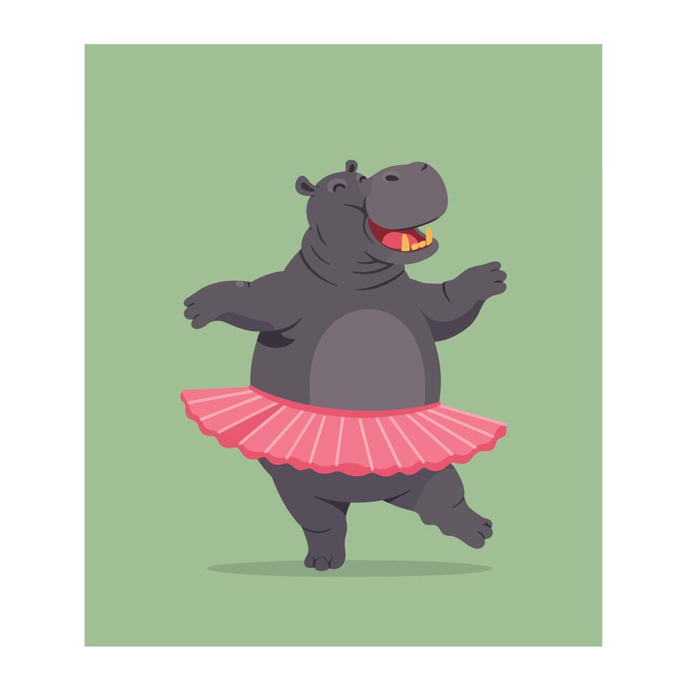 Hippo Dancing Ballet in Pink Tutu on Green Background Illustration for Kids and Fun Design vector