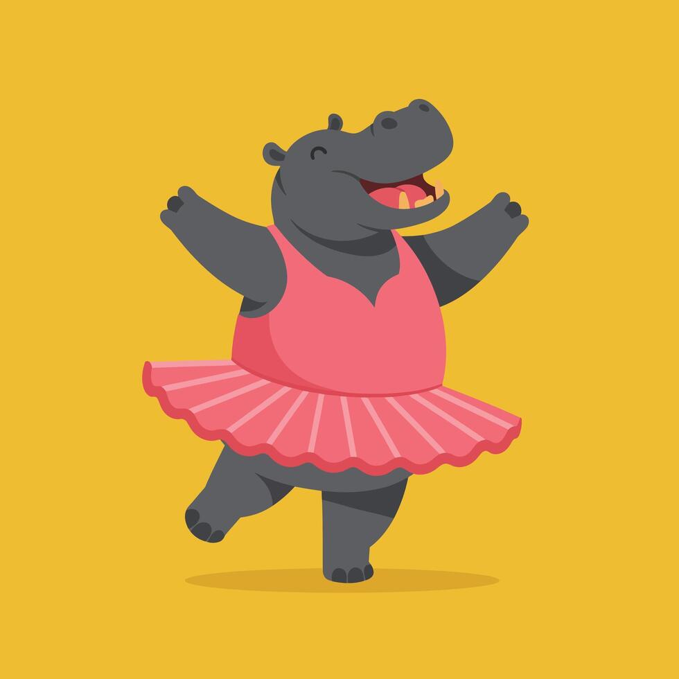 Happy hippopotamus ballerina dancing in pink tutu with joyful expression on yellow background illustration vector
