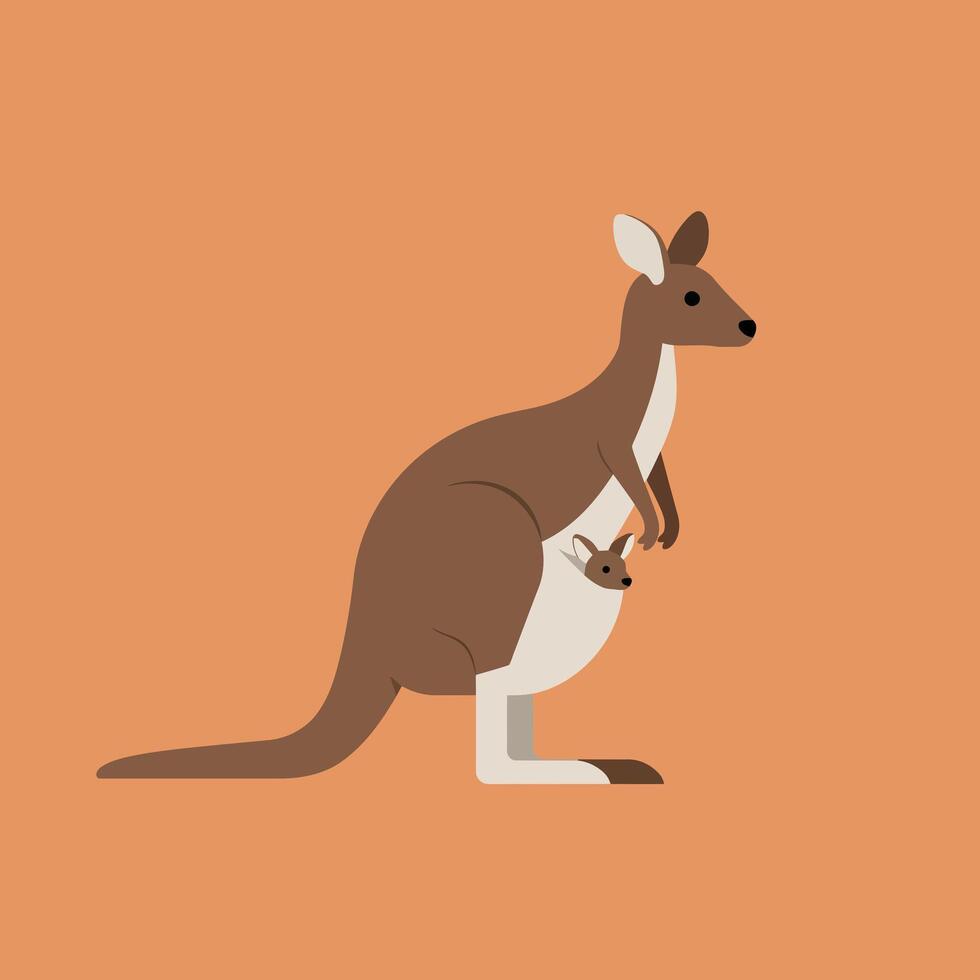 Kangaroo with joey in pouch flat illustration on orange background natural wildlife marsupial animal design vector