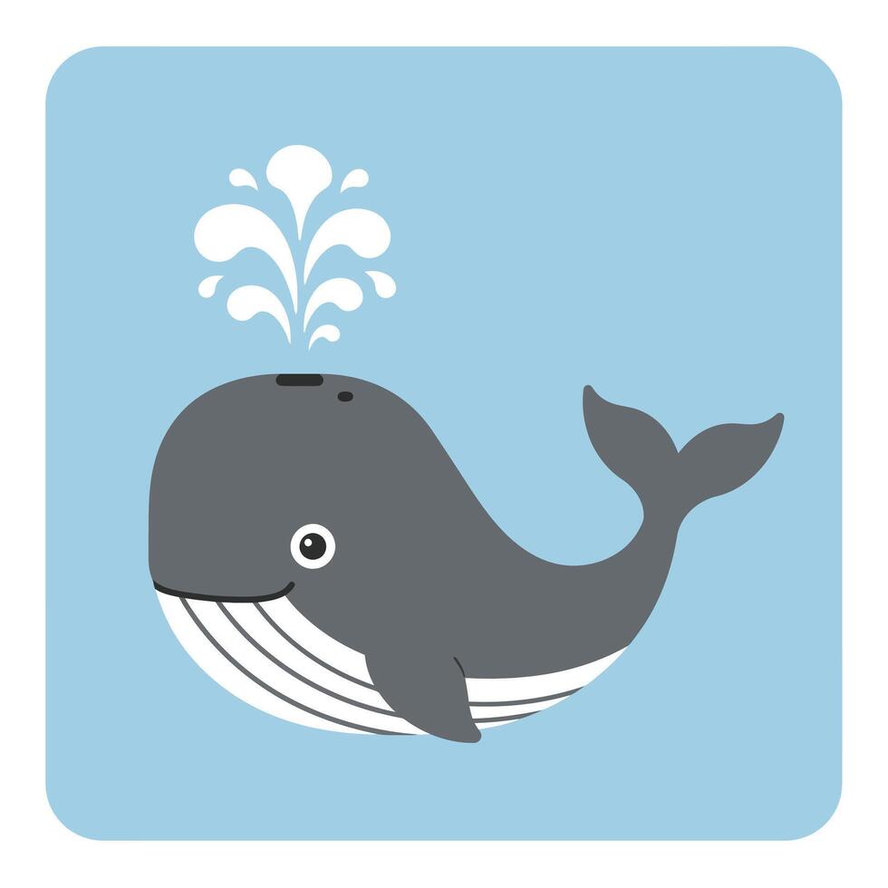 Cute smiling gray whale spouting water in simple flat style illustration on blue background image vector