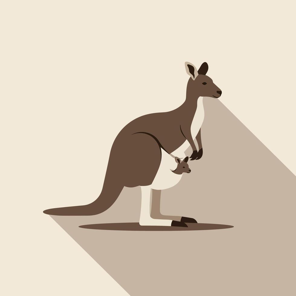 Kangaroo with joey in pouch standing in profile minimalist illustration with long shadow vector