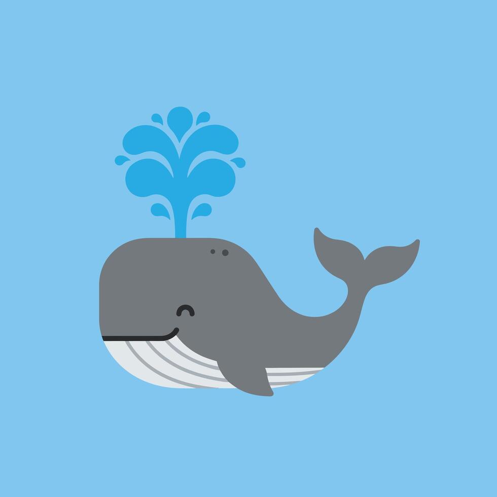 Cartoon whale with water splash on blue background smiling and swimming marine animal illustration vector