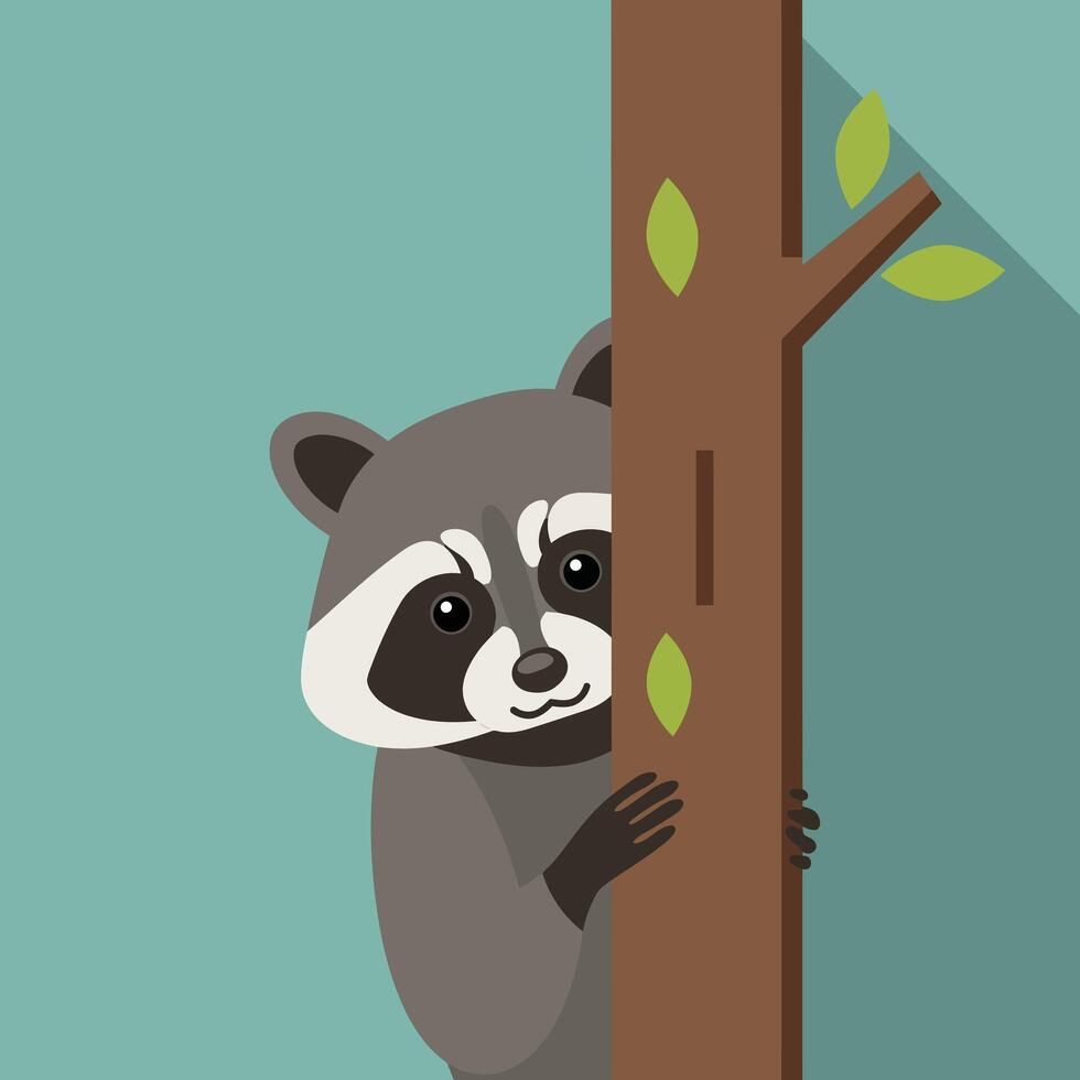 Cute raccoon peeking from behind tree with green leaves in flat design illustration vector