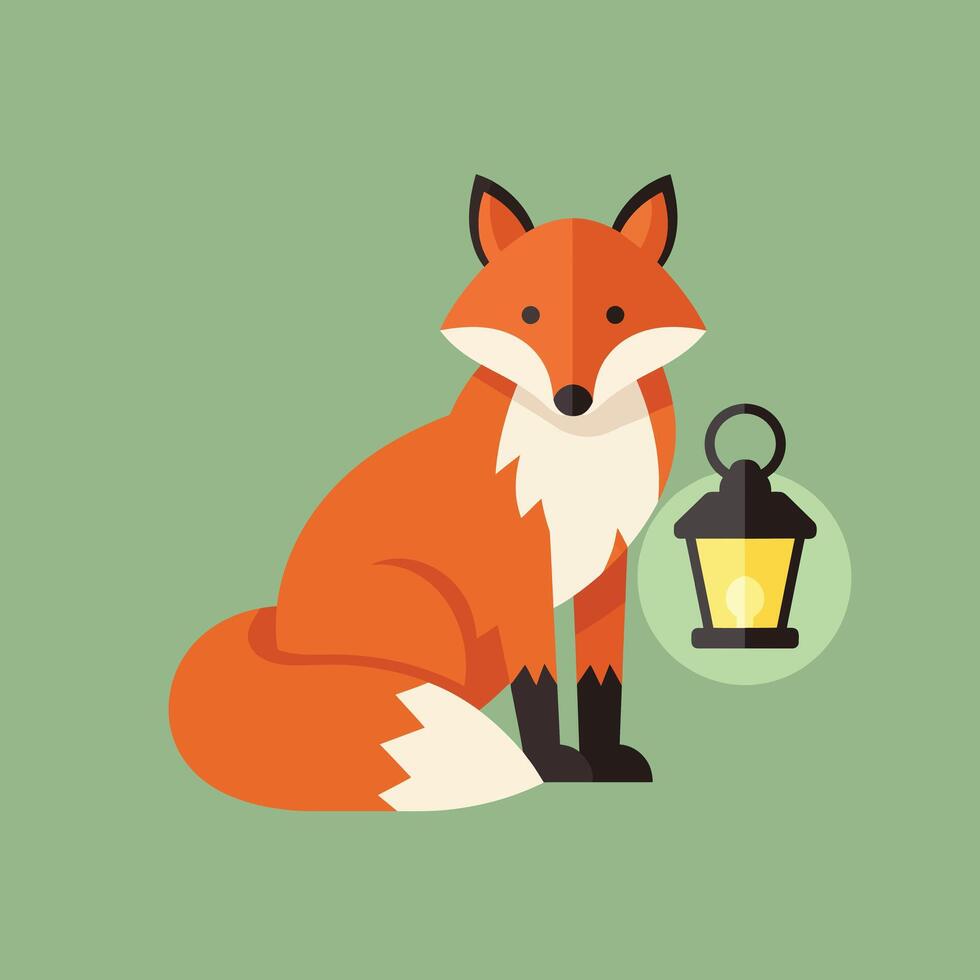 Fox holding lantern sitting on green background flat design illustration for nature and wildlife themes vector