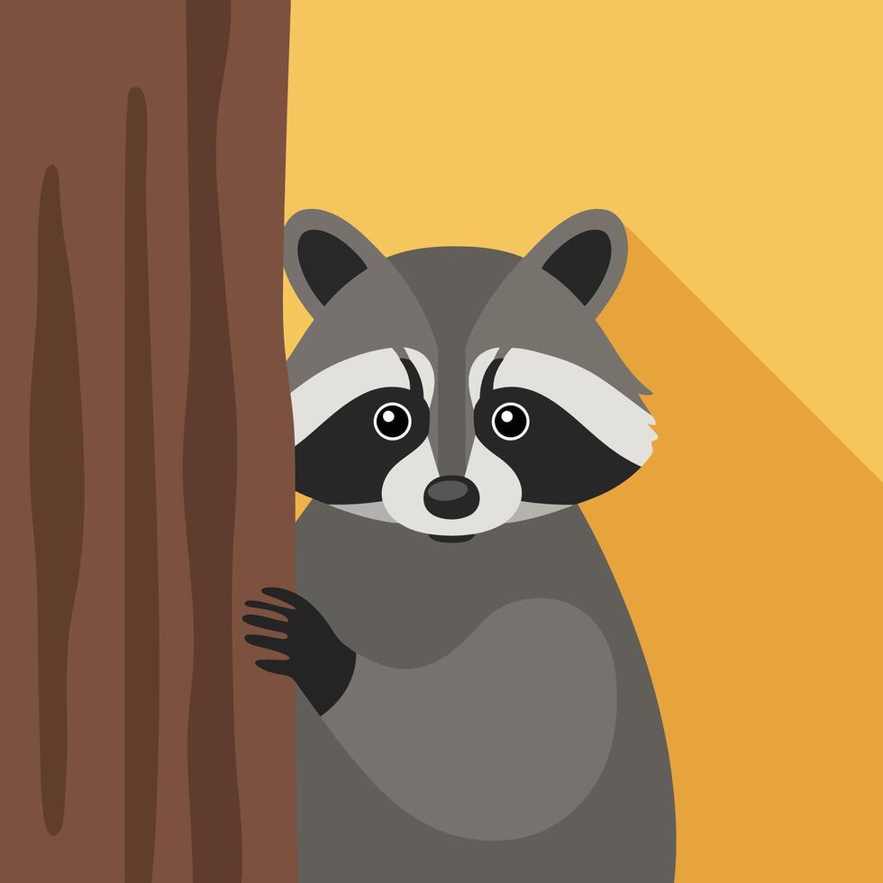 Raccoon peeking from behind brown tree trunk with yellow background in flat style illustration vector