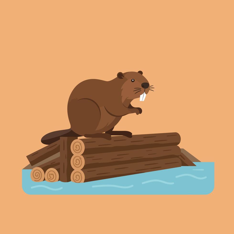 Beaver sitting on wooden logs floating in water illustration with brown and blue colors vector