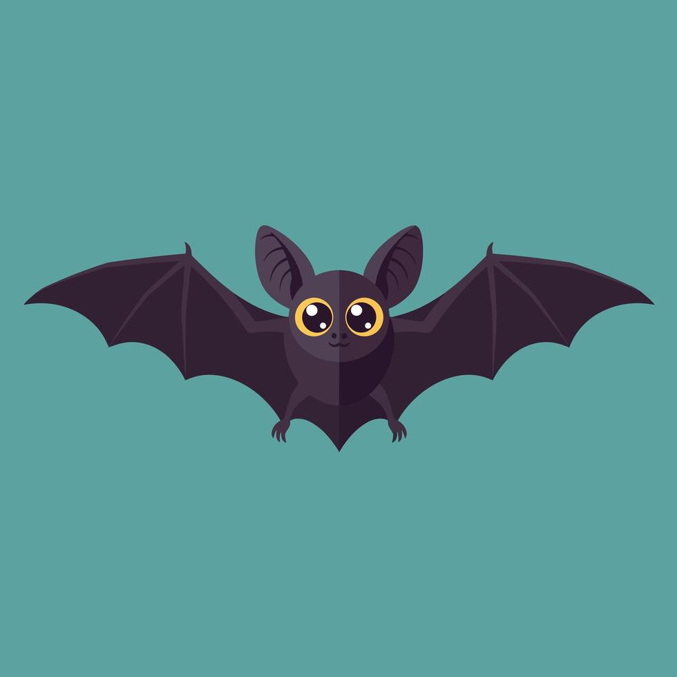 Cute black bat with big eyes flying on teal background simple illustration vector