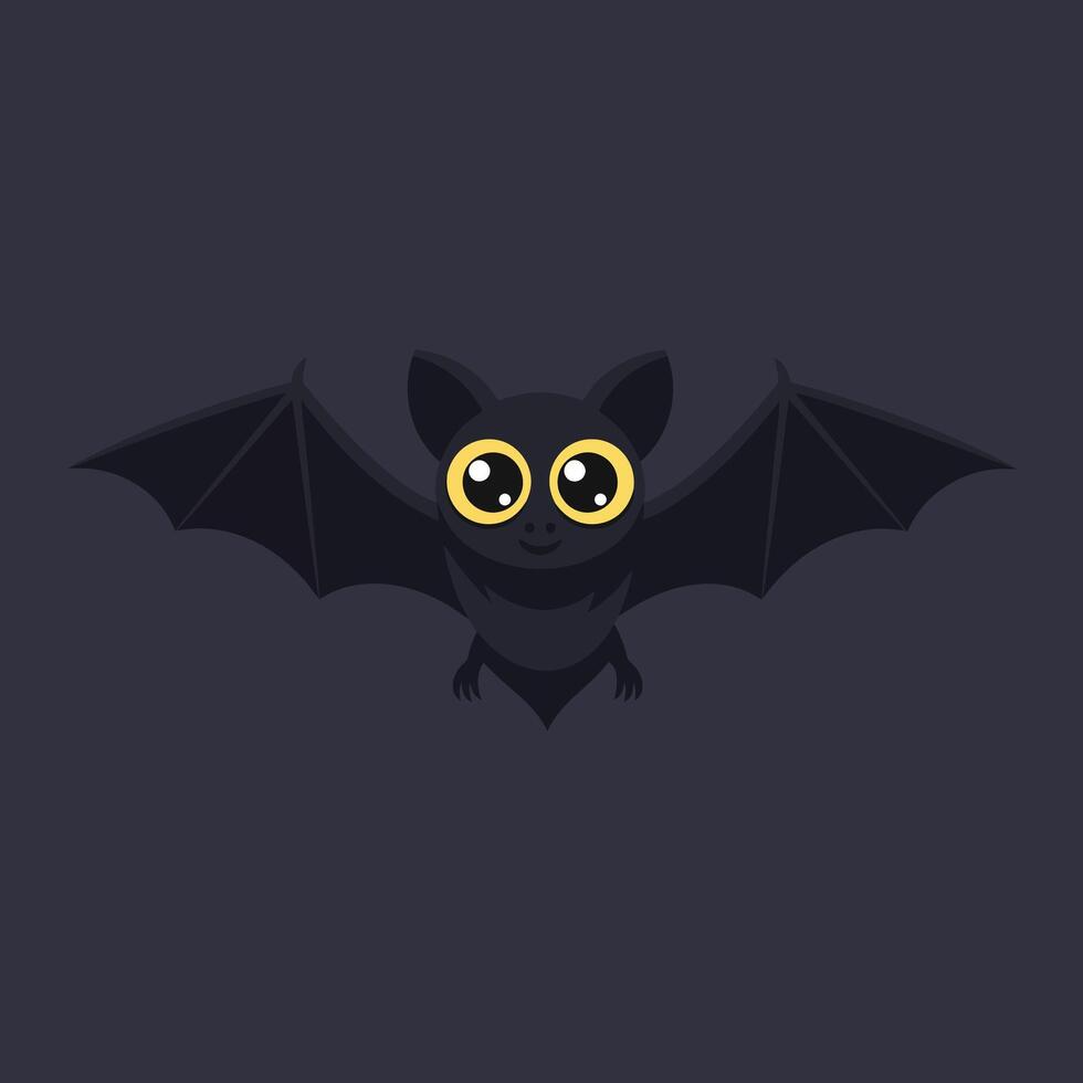 Cute black bat with big yellow eyes flying in dark night illustration for Halloween and spooky themes vector