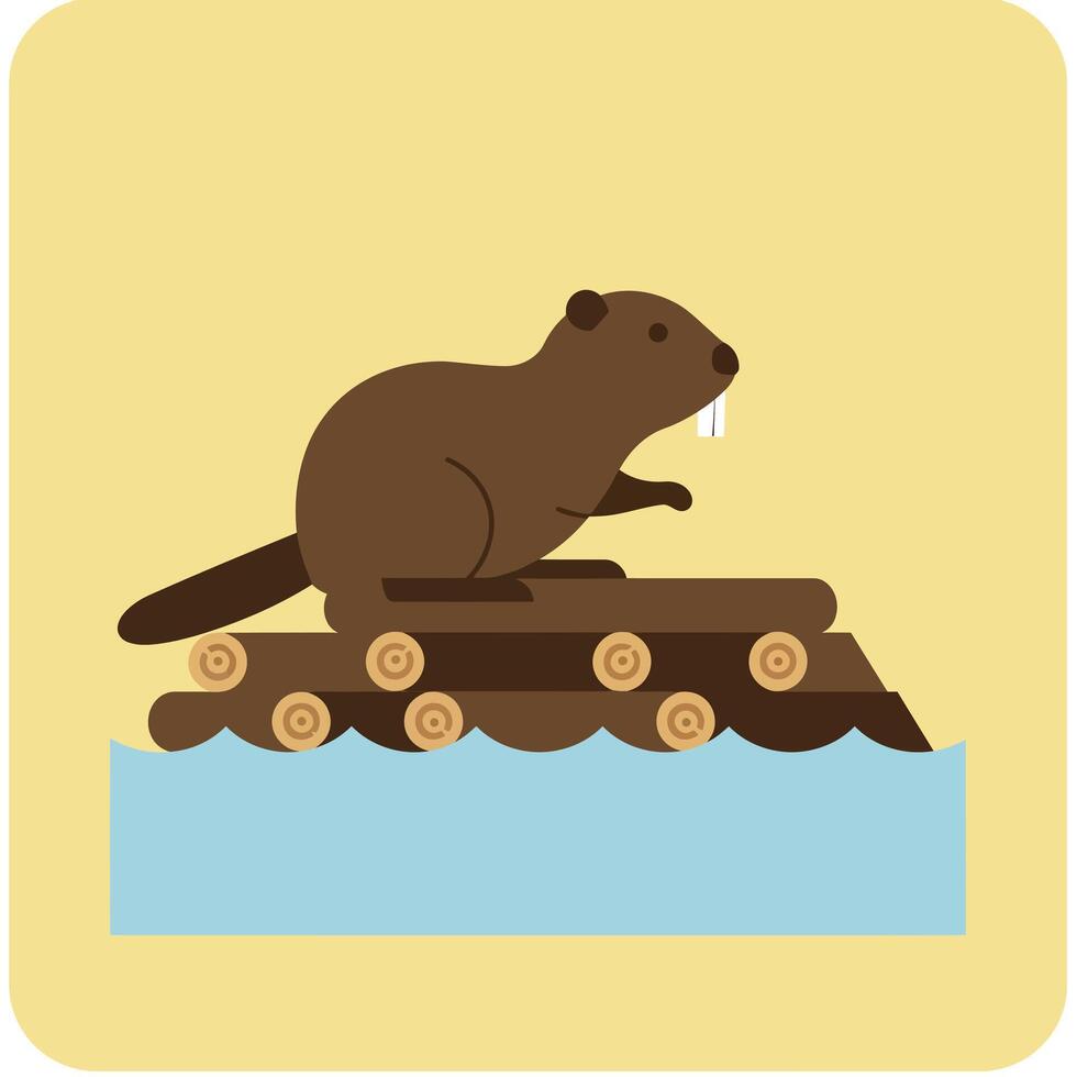 Beaver sitting on wooden logs floating in water with yellow background illustration vector