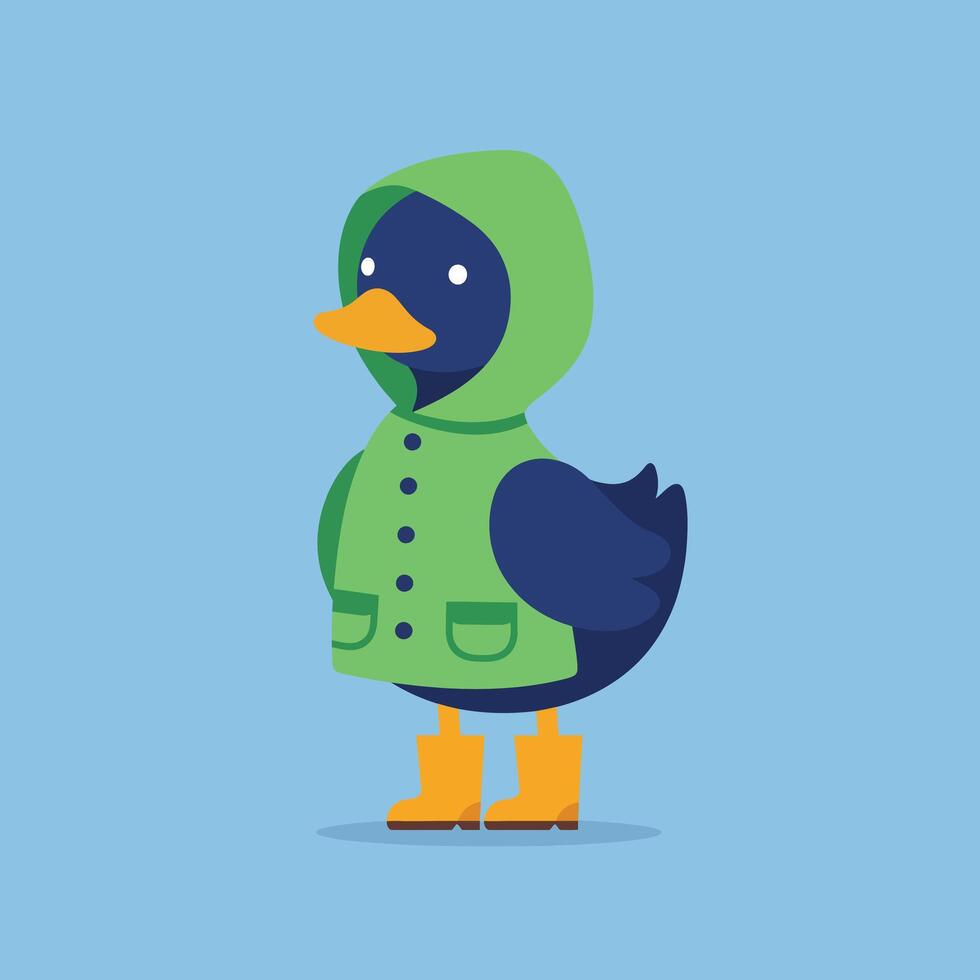 Cute black duckling wearing green raincoat and orange boots standing on blue background illustration vector